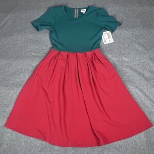 LuLaRoe Amelia Flare Dress SMALL Short Sleeve Minimalist Coral & Blue Pockets